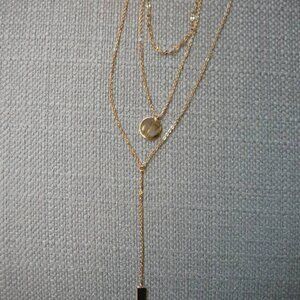 Essentials Triple Chain Layered Disc & Bar 18K Gold Plated 15" Necklace-NEW $50